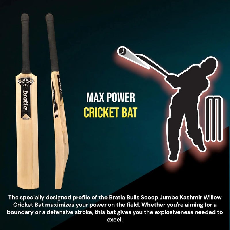 Bratla Bulls Kashmir Willow Cricket Bat for Hard Tennis Ball Scoop Design Bat - Adult Size, Lightweight Wooden Soft Tapeball Cricket Bat - Image 3